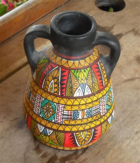 Vintage Clay Pottery Vase with Handles Black Hand Painted