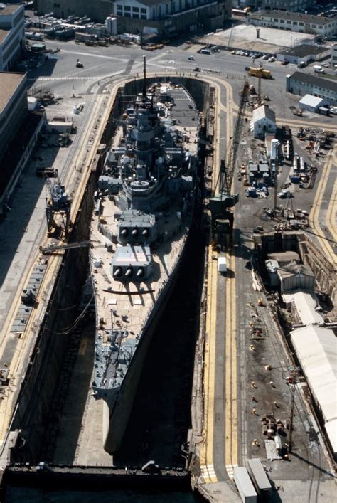 An aerial view of the USS Iowa in Dry Dock at Norfolk Naval Shipyard, 1 May 1985. [1500x2238 ...