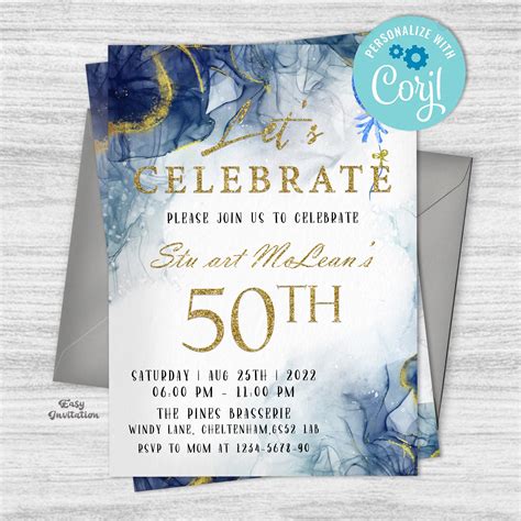 Blue and Gold Birthday Invitation, Editable Party Invite Template, Let ...