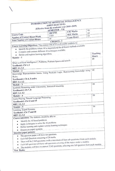 AI syllabus - INTRODUCTION TO ARTIFICIAL INTELLIGENCE (OPEN ELECTIVE) (Effective from the ...