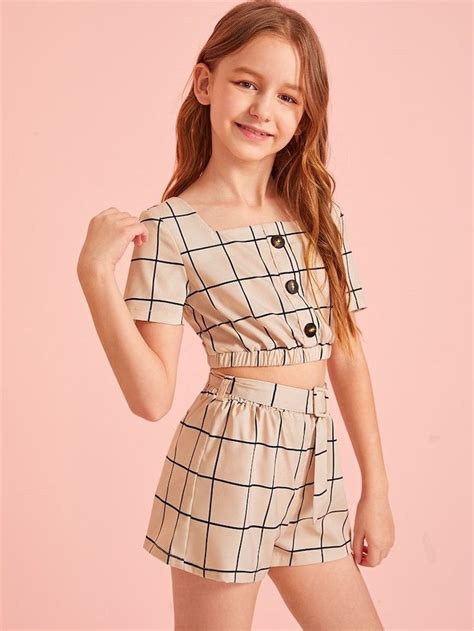 Girls Button Detail Grid Top and Buckle Belted Shorts Set in 2020 ...