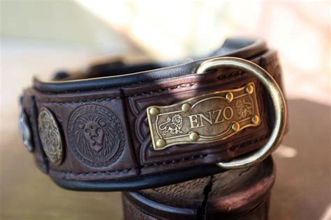 a brown leather dog collar with an embosishment on the front and side of it