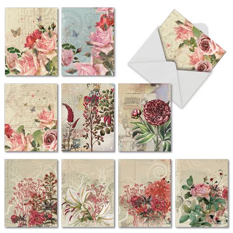 10 Assorted Flower Note Cards Blank (4 x 5.12 Inch) - Vintage Floral Collages, Notecard Set with ...