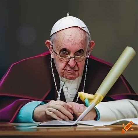 Pope francis cleaning desks in an office on Craiyon