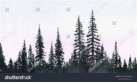 Watercolor Hand Drawn Landscape Silhouette Trees Stock Illustration ...