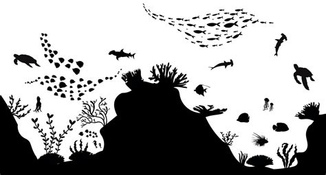 silhouette of coral reef with fish on white sea background underwater vector illustration ...