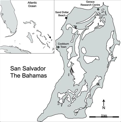 -Map of the study area (San Salvador Island, Bahamas). The arrow on the ...