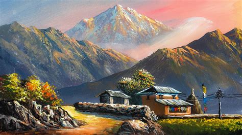 VILLAGE PAINTING | Acrylic Landscape Painting in Time-lapse | Old Village Houses | Nepali ...