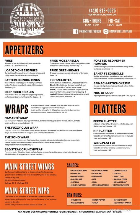 Online Menu of Main Street Tavern, Huron, OH