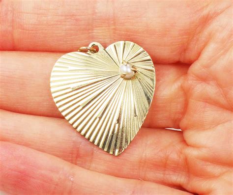 Vintage 14k Gold Heart Pendant with Pearl Heart Sunburst Pendant Sweetheart Charm Yellow Gold ...