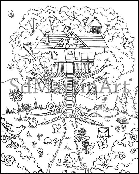 Happy Little Tree House Printable Adult Coloring Book Page for Adults, Teens and Kids Coloring ...