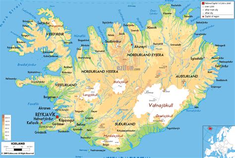 Physical Map of Iceland - Ezilon Maps