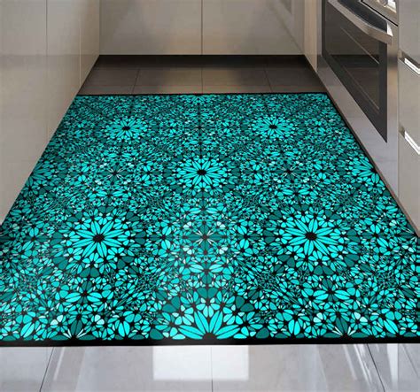 Detailed teal mosaic florals tile kitchen vinyl rug - TenStickers