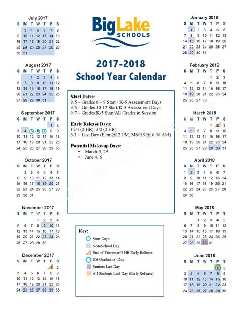 2017 - 2018 School Year Calendar | Big Lake Public School District – Big Lake, MN