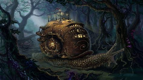 HD wallpaper: snail house wallpaper, fantasy art, digital art, forest ...