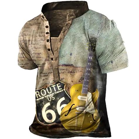 Plus Size Men's Vintage Route 66 Guitar Henley T-Shirt - Cotosen.com