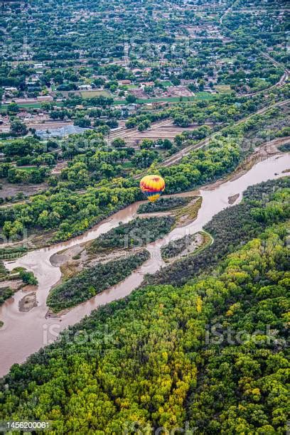 Hot Air Balloon Floating Over The Rio Grande Stock Photo - Download ...