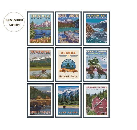 Set of 8 Alaska National Parks Cross Stitch Pattern / Alaska Landcsape ...