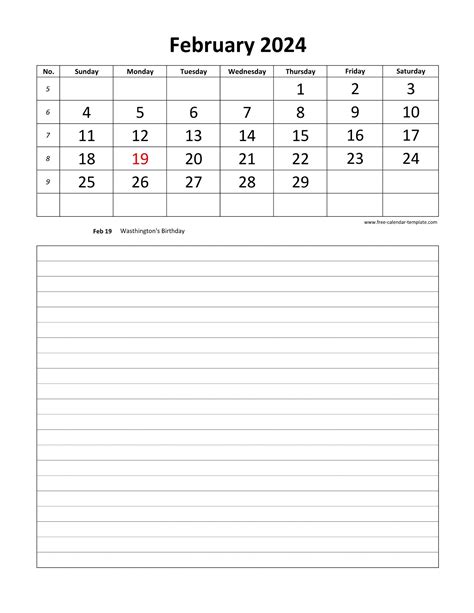 Printable 2024 February Calendar grid lines for daily notes (vertical) | Free-calendar-template.com