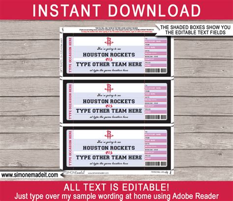 Houston Rockets Game Ticket Gift Voucher | Printable Surprise NBA Basketball Tickets