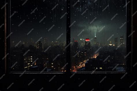 Premium Photo | A rainy night view from a window with a view of a cityscape in the background.