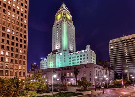 Los Angeles City Hall building at night in California, United States ...