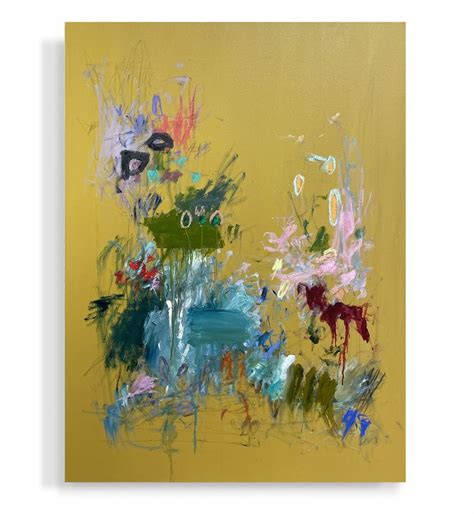 an abstract painting on yellow with blue, pink and green flowers in the center is shown