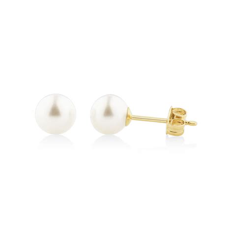 Stud Earrings with 6mm Round Cultured Freshwater Pearl in 10kt Yellow Gold