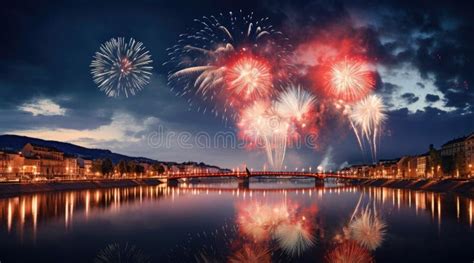 Fireworks over a bridge stock illustration. Illustration of landscape ...