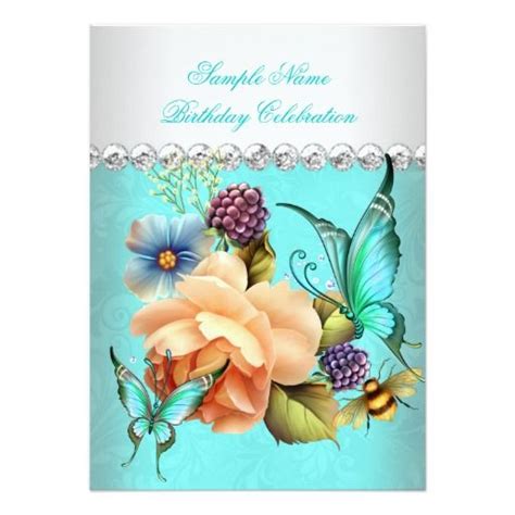 Pretty Teal Peach Roses Butterfly Birthday Party Invitation | Zazzle ...