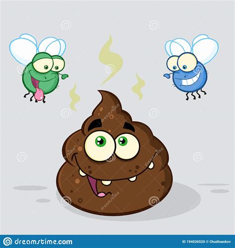 Two Flies Hovering Over Pile of Happy Poop Cartoon Characters Stock ...