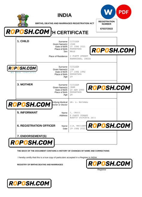 India vital record birth certificate Word and PDF template, completely ...