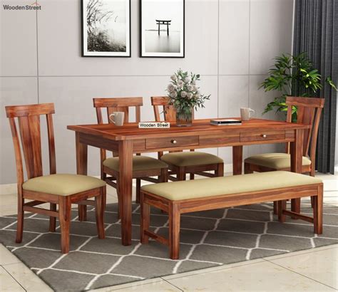 Buy Mcbeth Storage 6 Seater Dining Table Set With Bench (Honey Finish) Online in India at Best ...