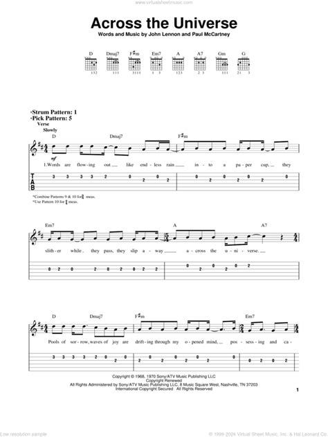 Across The Universe sheet music for guitar solo (easy tablature) v2