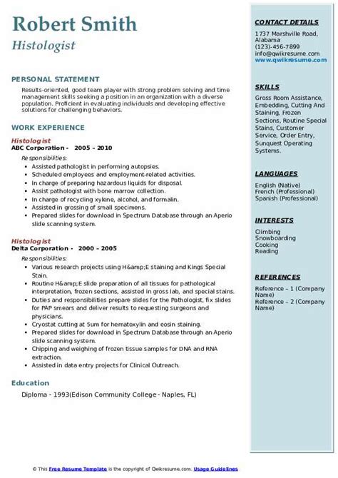 Histologist Resume Samples | QwikResume