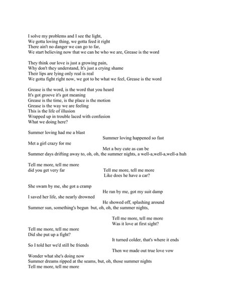 Grease Lyrics Revised