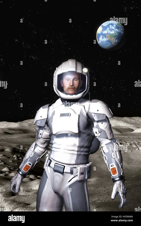 futuristic astronaut on the moon surface 3D render science fiction illustration Stock Photo - Alamy