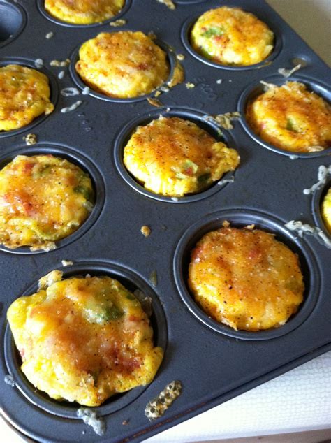 Mini breakfast egg omelet muffins *3 eggs * 2 slices of lean ham chopped * 1 finely chopped ...