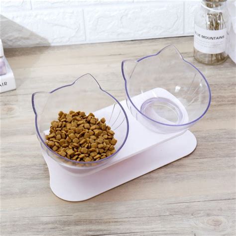 Double Cat Bowl with Raised Stand,15°Tilted Platform Cat Feeders Food and Water Bowls,Reduce ...