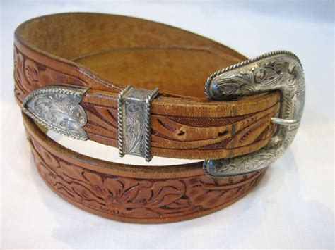 Sterling Silver Vintage Western Buckle Set Of 3 ''Sunset Trails" Tooled Leather Belt | Western ...