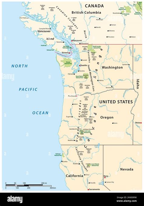 Map of the Cascade Range, volcanic mountain range that runs parallel to the west coast of North ...