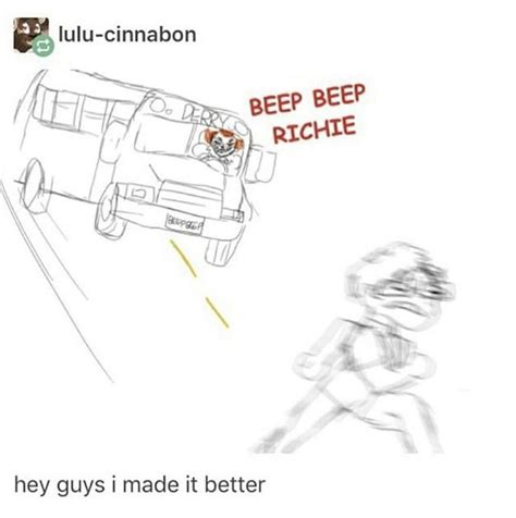 a drawing of a person running in front of a car that says, beep beep ...