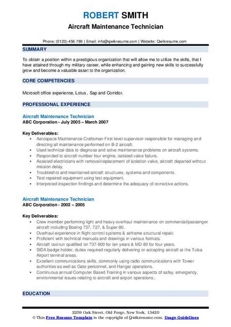 Aircraft Maintenance Technician Resume Samples | QwikResume