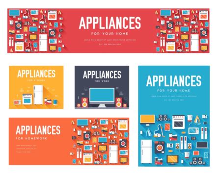 Set Of Appliance Cards With Layout Templates And Typography Vector, Livingroom, Bedroom ...