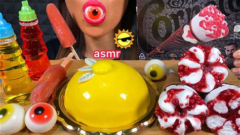 ASMR EATING LEMON CREAM CAKE ICE CREAM CONES POPSICLE EYEBALLS JELLY ...