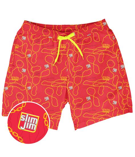 Slim Jim Red Swim Trunks: Men's Slim Jim Outfits | Tipsy Elves