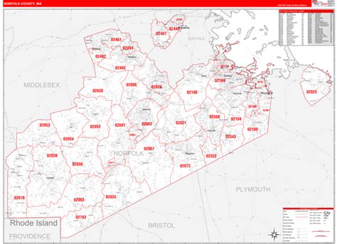 Norfolk County, MA Zip Code Wall Map Red Line Style by MarketMAPS - MapSales