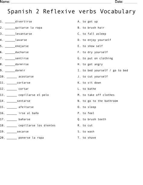 Spanish 2 Reflexive verbs Vocabulary Worksheet - WordMint