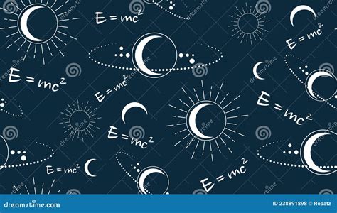 Space Vector Seamless Pattern with Physical Speed of Light Formula E=MC2. Moon, Sun, Stars ...