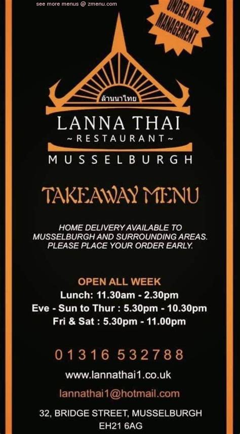 Menu at Lanna Thai restaurant, Musselburgh